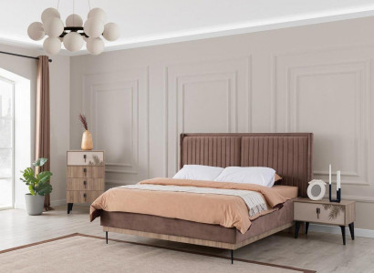 Brown bedroom double bed designer wood modern 2x nightstands